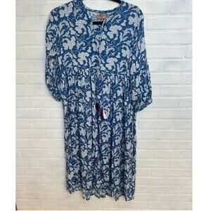 Shae by Sassafras Floral Blue White Flowy 3/4 Sleeves Soft Midi Dress -sz L